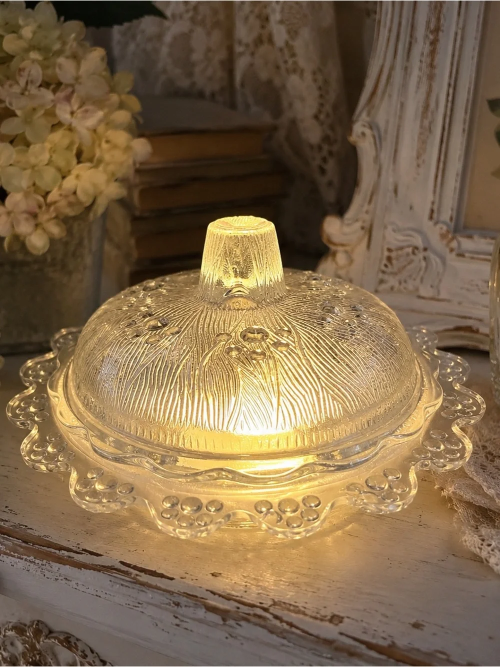 Vintage Clear Glass Butter Dish Fairy Lamp | Ribbed Glass Design